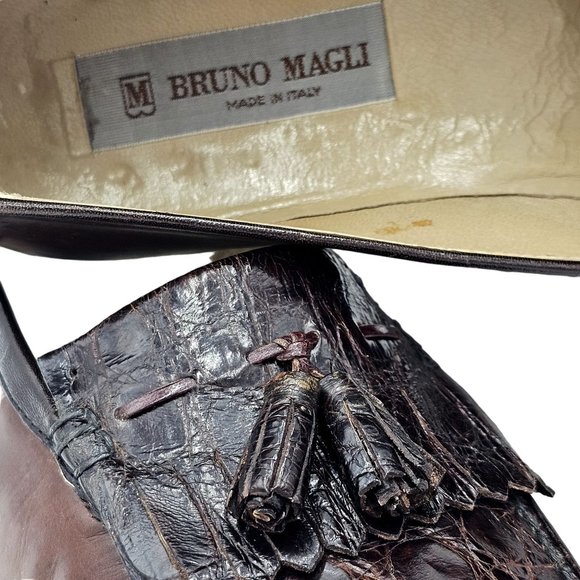 Vintage Bruno Magli Exotic Caiman Crocodile 9.5 Italy Dress Shoes Tassel Loafers - Picture 4 of 13